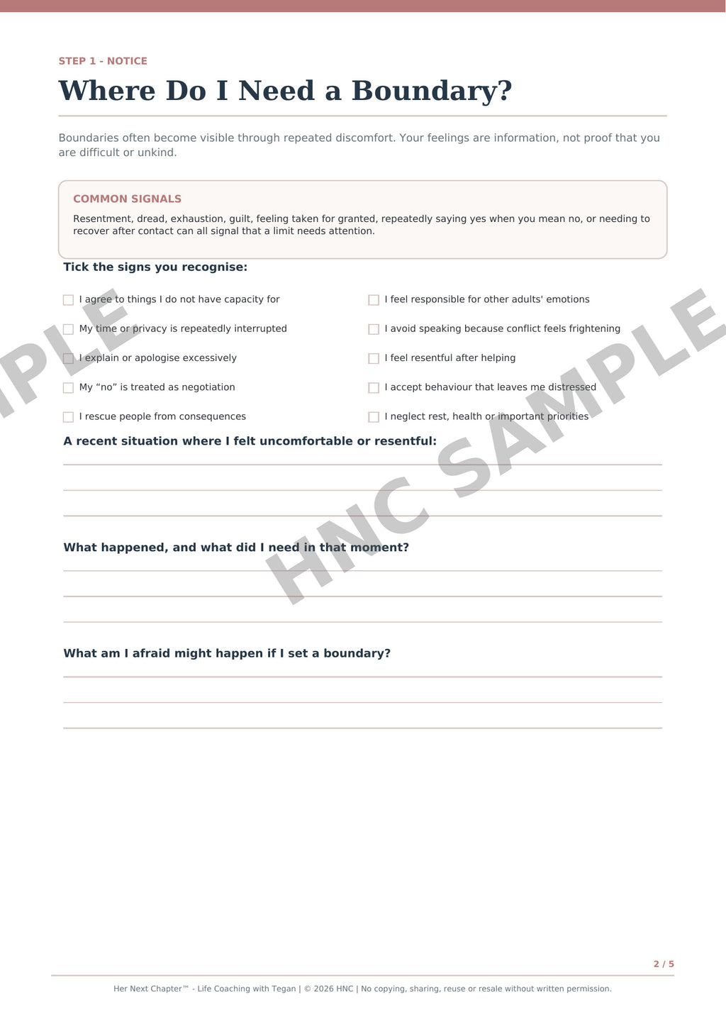 A printed worksheet page titled "Where Do I Need a Boundary?" with instructional text, checkboxes, and lined writing areas. 