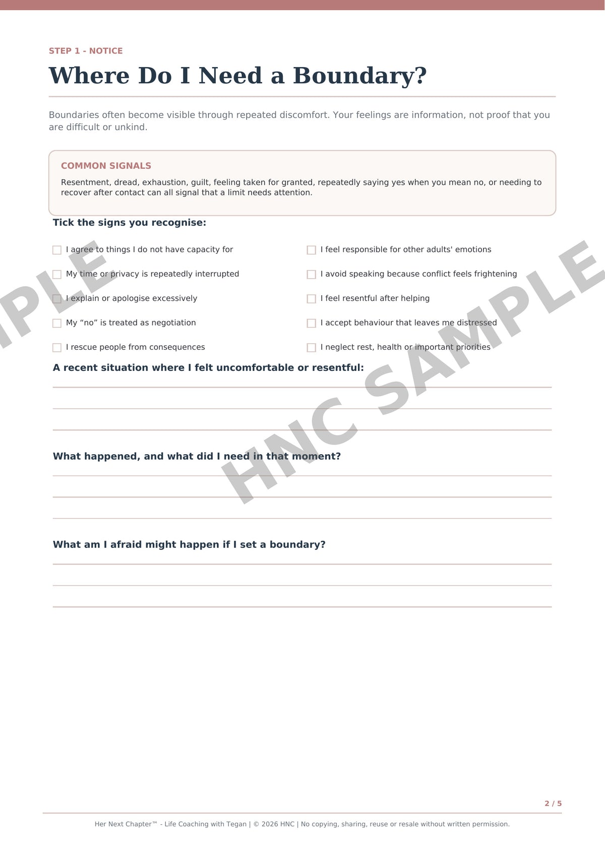 A printed worksheet page titled "Where Do I Need a Boundary?" with instructional text, checkboxes, and lined writing areas. 