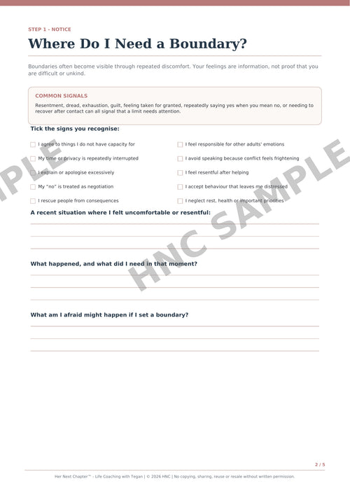 A printed worksheet page titled "Where Do I Need a Boundary?" with instructional text, checkboxes, and lined writing areas. 