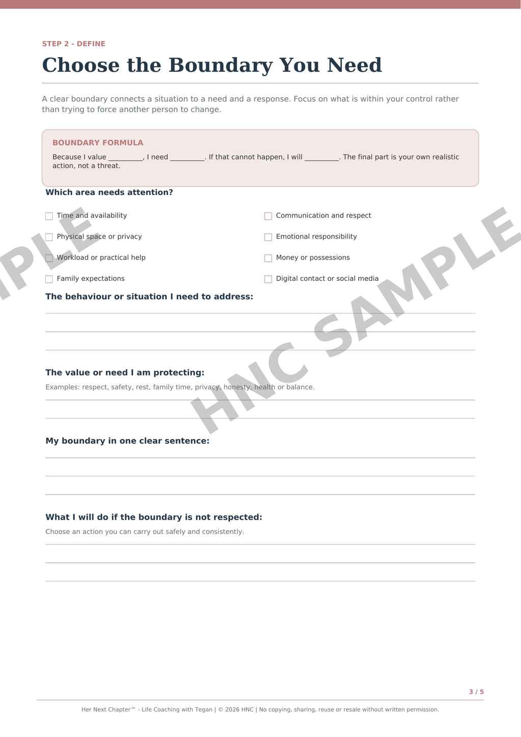 A printed worksheet page titled 'Choose the Boundary You Need' with instructional text, a boundary formula box, checklist fields,