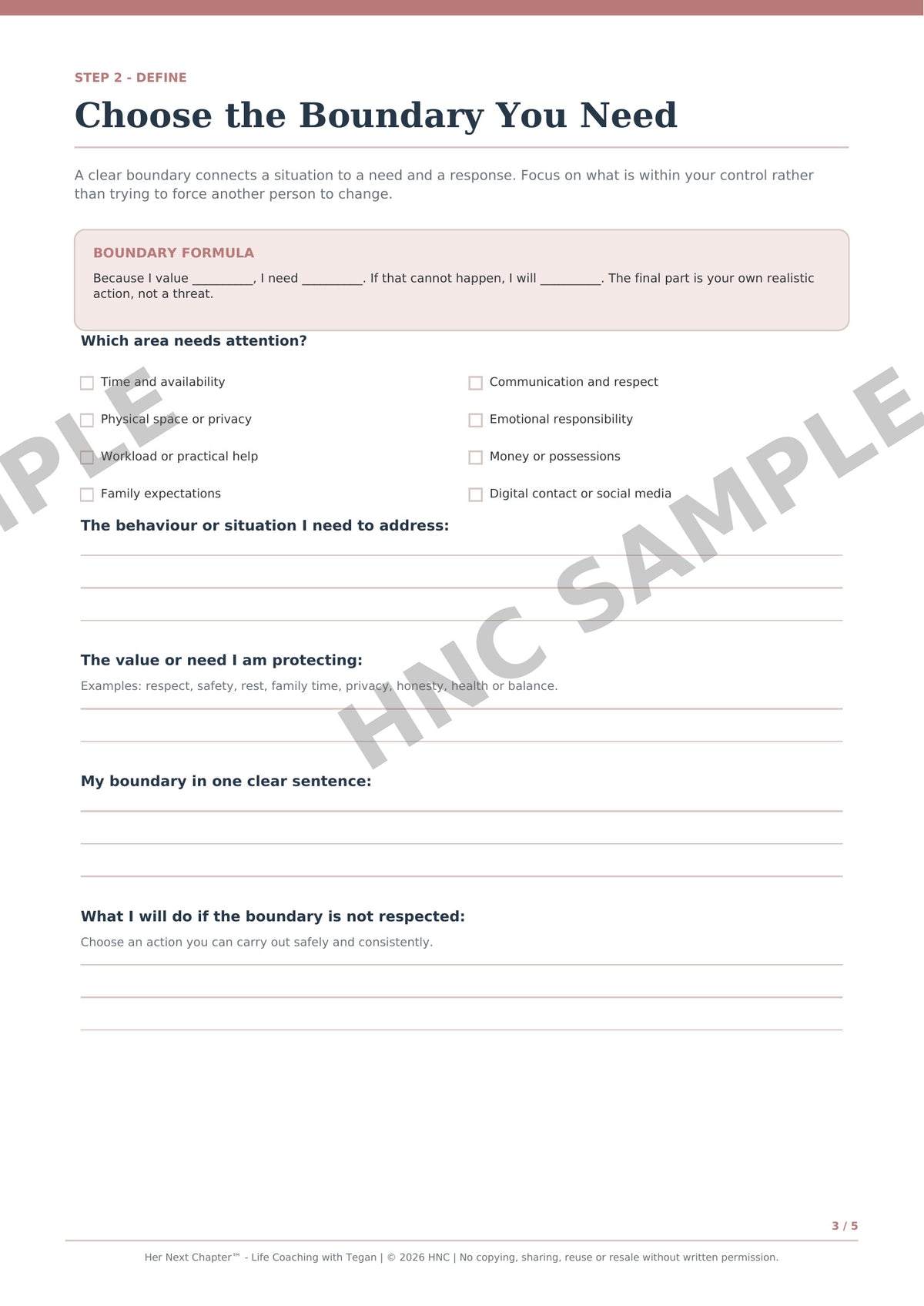A printed worksheet page titled 'Choose the Boundary You Need' with instructional text, a boundary formula box, checklist fields,