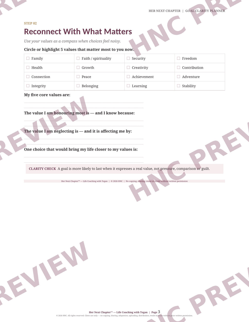 A worksheet page titled 'Reconnect With What Matters' with multiple choice and open-ended reflection prompts, 