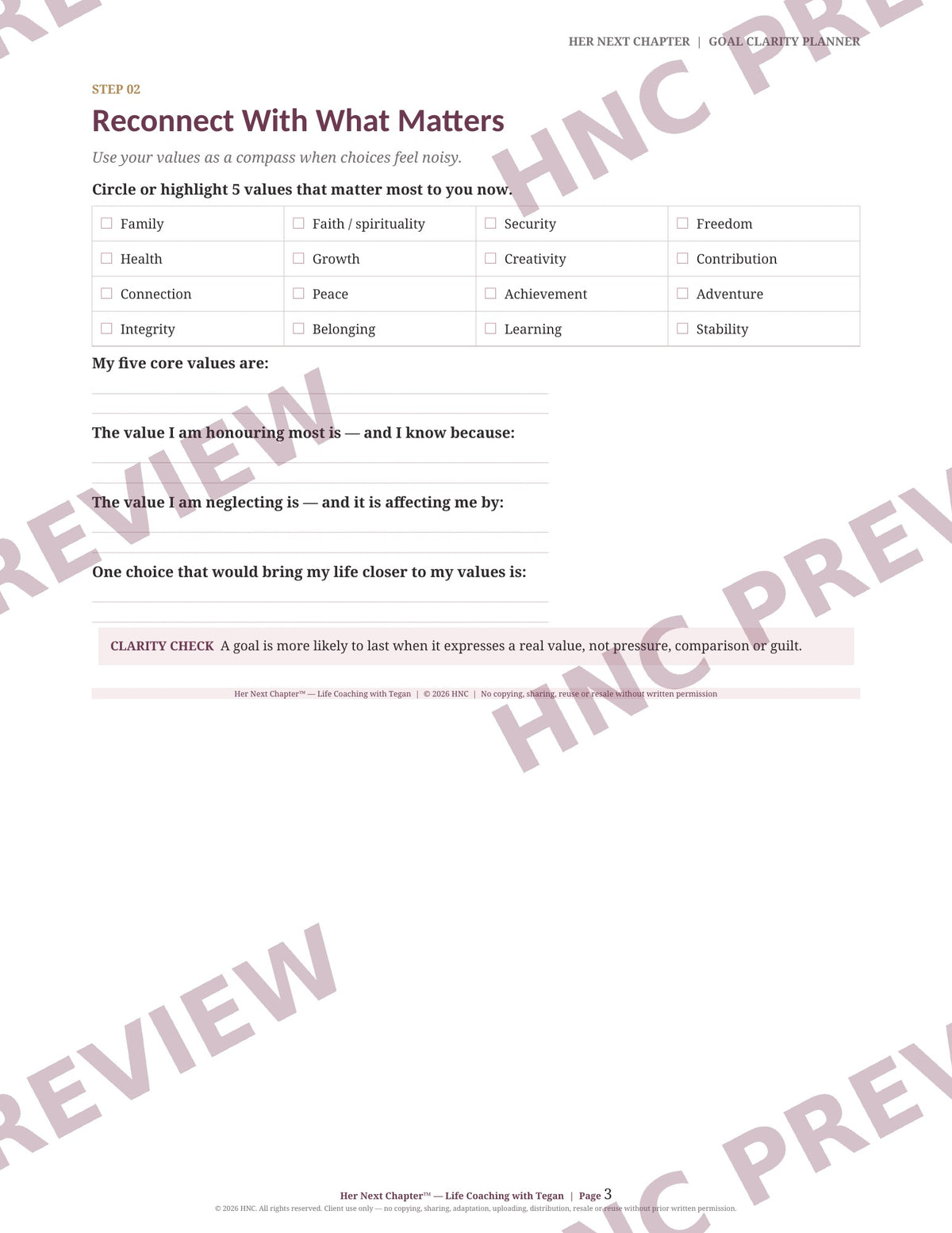 A worksheet page titled 'Reconnect With What Matters' with multiple choice and open-ended reflection prompts, 