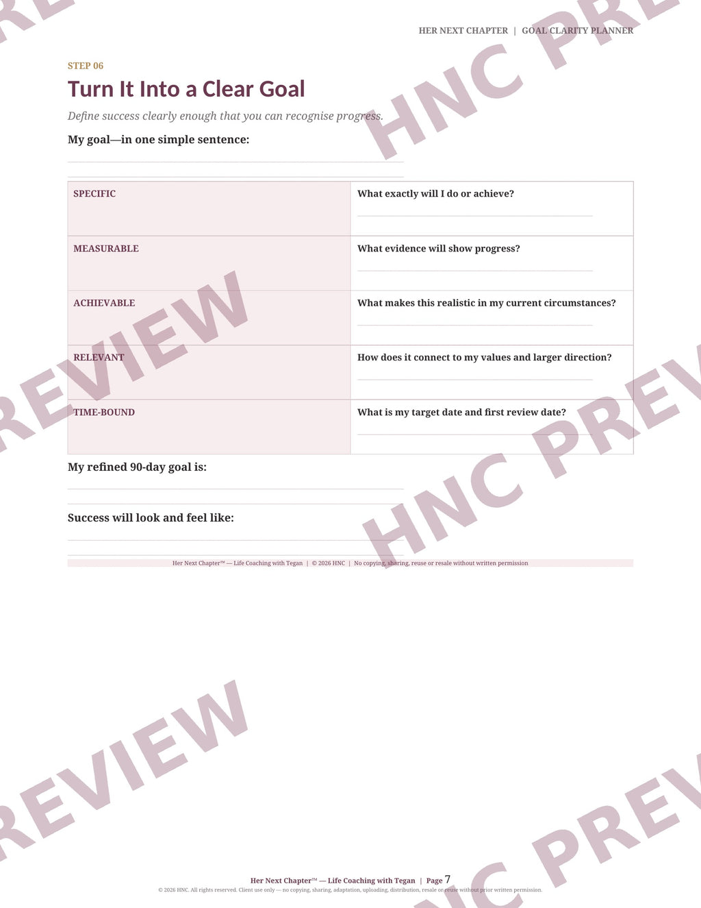 A worksheet page titled 'Turn It Into a Clear Goal' with a table for reflecting on goal attributes and a prompt for a refined 90-day goal. 