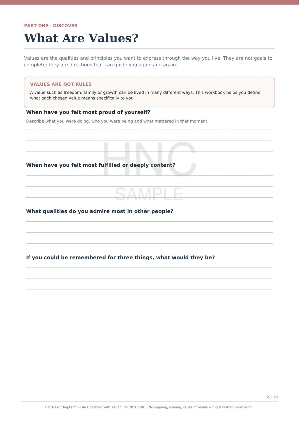 A worksheet page titled 'What Are Values?' with text and several lined writing prompts on a white page