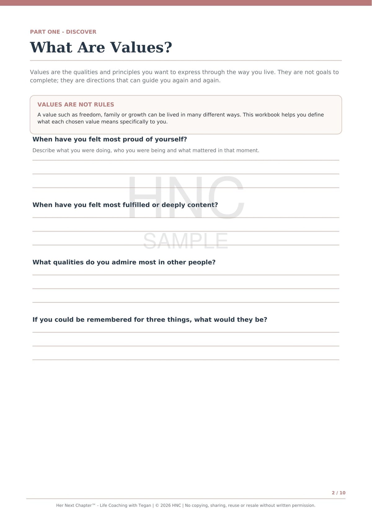 A worksheet page titled 'What Are Values?' with text and several lined writing prompts on a white page