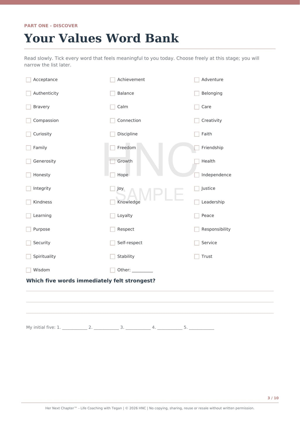 A printable worksheet page titled 'Your Values Word Bank' with a list of checkboxes for words such as acceptance, achievement, adventure, and care, plus a line for writing down to five strongest words. 