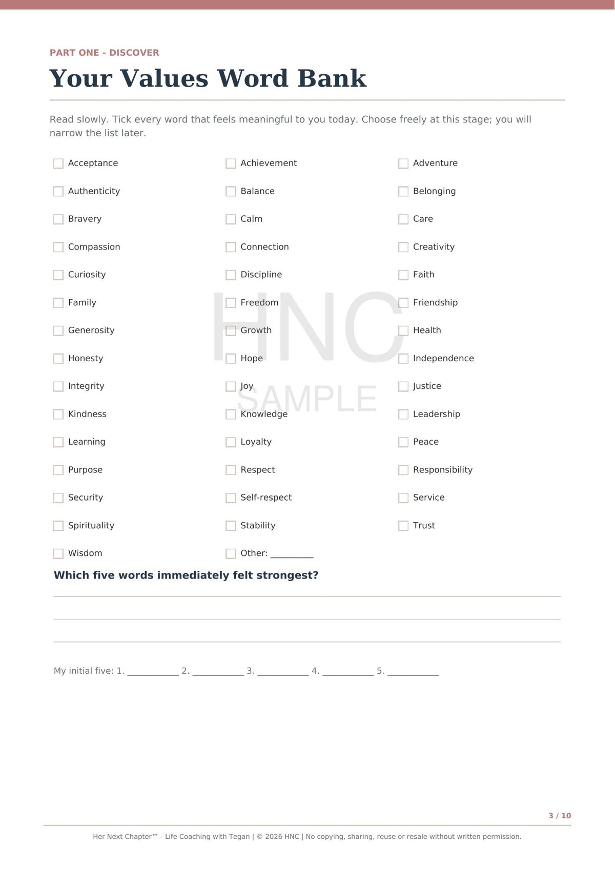 A printable worksheet page titled 'Your Values Word Bank' with a list of checkboxes for words such as acceptance, achievement, adventure, and care, plus a line for writing down to five strongest words. 