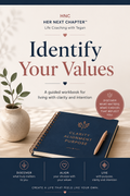 Book cover for 'Identify Your Values' by HNC (Her Next Chapter), featuring a navy notebook with gold lettering, a pen, and a small potted plant on a light wood surface against a cream background.