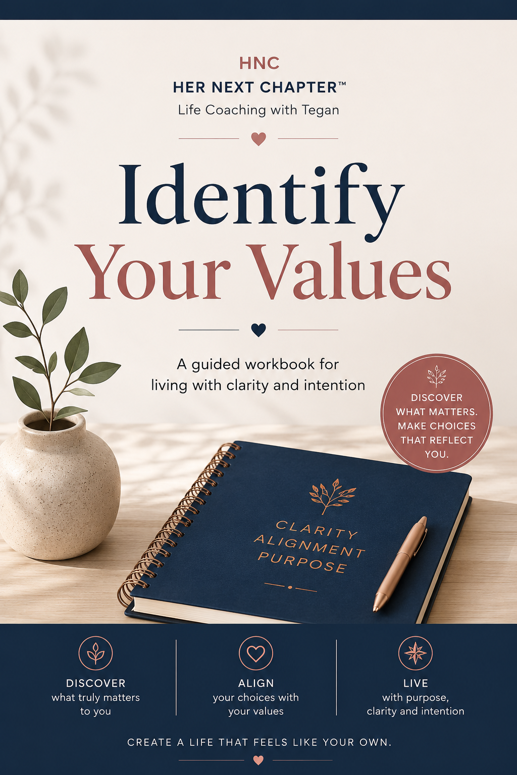 Book cover for 'Identify Your Values' by HNC (Her Next Chapter), featuring a navy notebook with gold lettering, a pen, and a small potted plant on a light wood surface against a cream background.